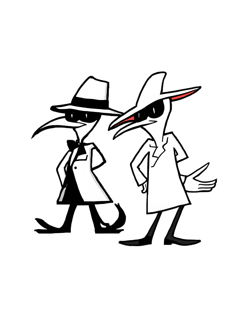 Two long-nosed Spy vs. Spy figures — the brokers and scammers who end up with your leaked data.