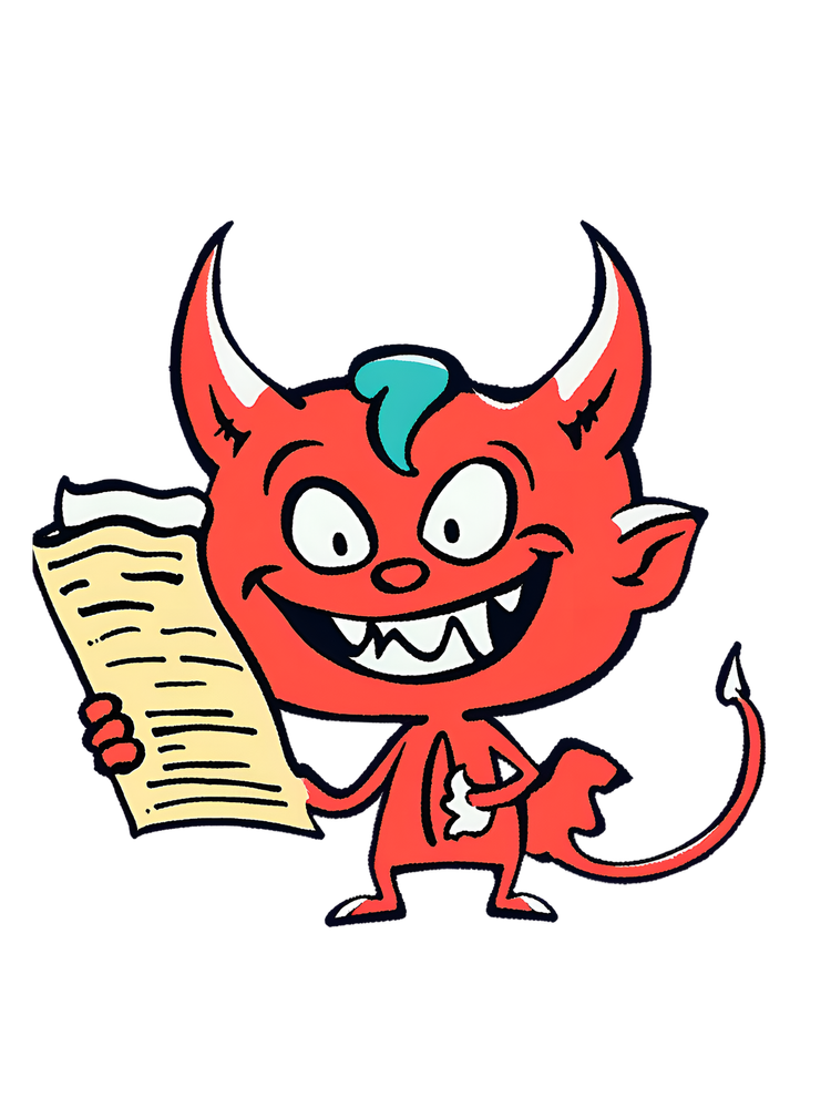 A grinning red devil holding a long contract — the literal devil in the details.
