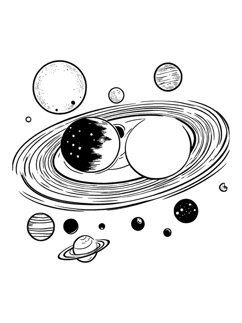 Ink drawing of a planetary system